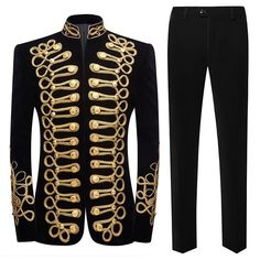 Men's Suits Heavy Embroidery Court Gentleman Standing Collar Jacket 3 Gold Tuxedo, Match Velvet, Prom Tuxedo, Black Suit Men, Mens Black Jacket, Title Font, Prom Suits, Heavy Embroidery, Open Front Jacket