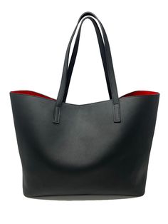 - Made in Montreal - This Tote bag has more space than you think and would be perfect to hold any women's accessories or belongings. Italian leather 1 main opening with snap closure The inside lining can be: - Pink - Red - Blue - Black DIMENSIONS: Bottom Width 14.5 in / 37 cm Depth 7 in / 17.5 cm Height 12.5 in / 32 cm Top Width 21 in / 53.3 cm Drop : 9.5 in / 24.1 cm For custom initials, please write it in the NOTES while purchasing.  Initials available in:  - GOLD - SILVER - DEBOSSED (no color Business Faux Leather Tote Bag, Faux Leather Tote Bag For Business, Versatile Black Leather Shoulder Bag, Faux Leather Tote For Business, Business Faux Leather Bags With Removable Pouch, Business Bags With Removable Pouch In Faux Leather, Classic Everyday Bags With Snap Closure, Modern Shoulder Bag With Snap Closure, Versatile Black Tote Bag