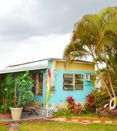 a small blue house with a surfboard on the roof and palm trees around it