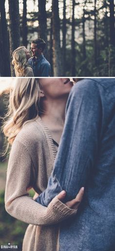 two people standing in the woods with their arms around each other and one person kissing