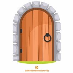 an illustration of a wooden door with a ring on the front and side, surrounded by rocks