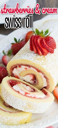 Strawberries and cream swiss roll on a plate with slices of cake and a sliced strawberry on top. Swiss Roll Cakes Recipe, Raspberry Swiss Roll Cake, Fruit Swiss Roll, Best Jelly Roll Cake Recipe, Homemade Swiss Cake Rolls, Swiss Roll Cake Chocolate Whipped Cream, Desert Rolls Recipe, Strawberry Jam Roll Cake, Strawberry Cheesecake Roll Cake