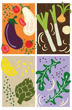 A set of colorful vegetables. Vector based illustrations of aubergine, cherry tomatoes, leek, onion, artichoke, lemon and rocket salad, Rocket Salad, Leeks, Artichoke, Cherry Tomatoes, Rocket