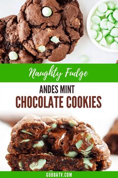 chocolate cookies with minty fudge and mints in the middle are stacked on top of each other