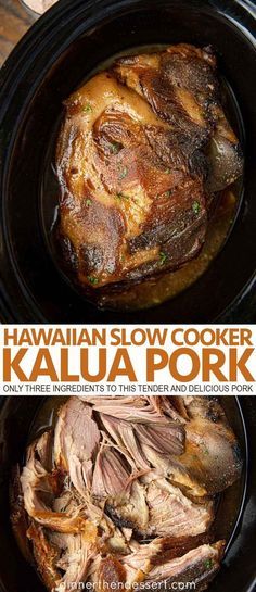 hawaiian slow cooker kalua pork recipe in the crock pot with text overlay