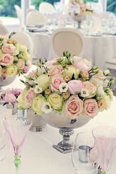 flowers Wedding Decorations Pink And White, Wedding Decorations Pink, Silver Vases, Pastel Pink Weddings, Wedding Wednesday, Wedding Table Flowers, Pink Wedding Flowers, Pastel Wedding, Table Flowers