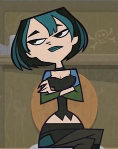 an animated image of a woman with blue hair and green eyes, holding her arms crossed