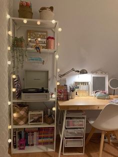 a room with a desk and shelves filled with items