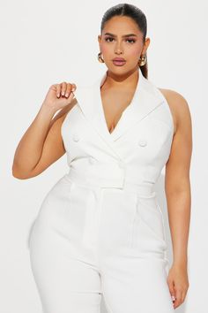 Available In White. Jumpsuit Halter Collar V-Neck Faux Pocket Functional Button Front Wide Leg Pant Zipper Closure Low Back Partially Lined Stretch Shell / Lining 95% Polyester 5% Spandex Imported | Class Act Jumpsuit in White size XS by Fashion Nova Black Romper Shorts, Casual Pumps, Plus Size Mini Dresses, Midi Dress Plus Size, Plus Size One Piece, Plus Size Romper, Sheer Skirt, Scarf Dress, Plus Size Maxi