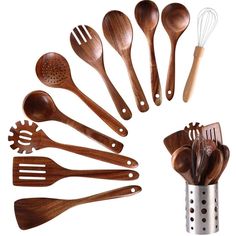 wooden utensils and spoons are arranged in a circle