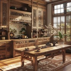 a wooden table sitting in front of a window next to a wall mounted potted plant