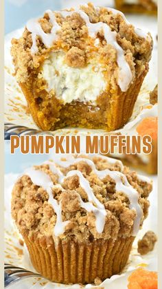 pumpkin muffins with cream cheese frosting and cinnamon crumbs on top