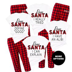 "Matching Family Christmas Shirts are a must have for the 2023 holiday. These family Christmas shirts make the perfect Christmas pajamas for your holiday photos. The family shirts come with a variety of Dear Santa phrases so your whole group can get matching Christmas shirts and select the phrase that fits them best. These Dear Santa phrases with a buffalo plaid design will make for the cutest family photos. Christmas Group Shirts will make your Christmas celebration fun and cute! SHIRT COLOR: W Christmas Pj Set Family, Cute Family Christmas Pajamas, Christmas Pajama Sayings, Cousin Christmas Pajamas, Matching Family Christmas Pajamas Shirts, Diy Christmas Pajamas Family, Christmas Pjs Ideas, Red Matching Sleepwear For Holidays, Holiday Family Matching Loungewear Sleepwear