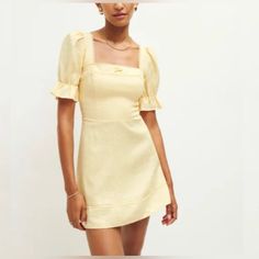 Nwt Reformation Evianna Linen Dress In Parmesan Yellow Mini Puff Sleeves Sz 8 Brand New With Tags. So Cute For Summer! Love The Ties On The Back. 100% Linen. Machine Wash Cold. Check Out My Closet Or Follow Me! Linen Mini Dress, Cream Yellow, Reformation Dress, Mini Short, Reformation Dresses, Denim Mini Dress, 70 Dress, Dress C, Mini Dress With Sleeves