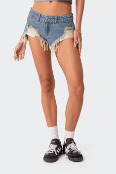 PRODUCT INFO Micro shorts Low rise waist Distressed detailing Denim fabric 100% Cotton Model wears size S Model height is 5'9 Item care: Wash with similar color Low Rise Jean Shorts, Shorts Low Rise, Jean Short Outfits, Low Rise Jean, Micro Shorts, Swimwear Dress, Wide Jeans, Mini Slip Dress, Denim Details