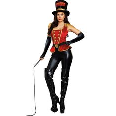 a woman dressed in black and red is holding a cane while wearing a top hat