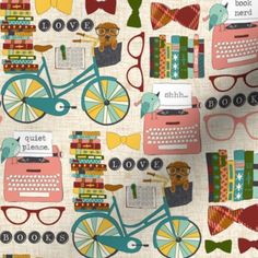 an image of a pattern with books, glasses and a typewriter on it's side