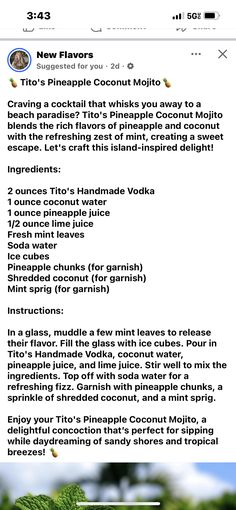 the recipe for pineapple coconut mojitta is shown in this screenshote