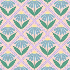 an abstract floral pattern with green leaves on pink and blue background, in pastel colors