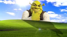 a cartoon character is standing in the middle of a green field with his hand on his chin