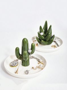 two white plates with green plants and jewelry on them, one is shaped like a cactus