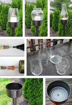 several pictures of candles and wine glasses on a table with trees in the background,