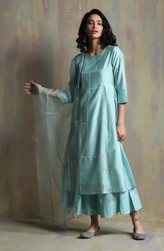 Charkhee-Aqua Green Kurta Set-INDIASPOPUP.COM Kurta Palazzo Set, Flared Palazzo, Chanderi Kurta, Simple Kurti Designs, Sustainable Clothing Brands, Kurta Palazzo, Palazzo Set, Luxury Wear, Organza Dupatta