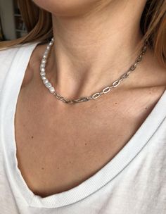 Freshwater Pearl chain necklace is handmade from the best materials. You can buy it as a gift for a friend, sister, mother. SIZE OF THE MATERIALS : The pearls are 6-7 mm (0.23 - 0.27 inch). The chain diameter is 0.5 cm (0.19 inch). NECKLACE LENGTHS: You can choose the size of the necklace. Every necklace has an extender chain. If you want CUSTOM SIZE for the necklace please write to DM. IMPORTANT INFORMATION: *Created in a pet-free and smoke-free home. * Perfect for someone with sensitive skin * Minimalist Pearl Chain Necklace For Layering, Trendy Pearl Charm Chain Necklace Gift, Minimalist Layering Pearl Chain Necklace, Trendy Everyday Pearl Necklaces, Trendy Everyday Pearl Necklace With Adjustable Chain, Trendy Silver Pearl Chain Necklace, Delicate Silver Chain Necklace With Pearl Charm, Trendy Everyday Pearl Chain Necklace, Everyday Sterling Silver Pearl Necklace