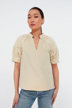 Tan Ruthie Blouse New Closet, Bohemian Blouses, Layered Blouse, Plus And Minus, Band Collar, Gold Accessories, Black Ruffle, All Colors, White Top