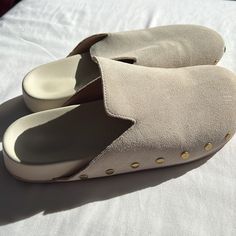 Brand New Suede Jcrew Clog, Beige Almond Color Gold Mules, Silver Loafers, Almond Color, Studded Clogs, Gold Loafers, Mule Flats, Bow Mules, Suede Clogs, Wooden Clogs