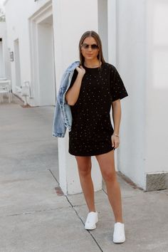 Effortlessly elevate your casual look with our Sparkle But Casual Tshirt Dress. Made from 100% cotton, find your perfect fit with sizes ranging from small (3/5) to large (11/13). With just the right amount of sparkle, this dress is both comfortable and stylish. Cotton T-shirt For Night Out In Fall, Cotton Short Sleeve Trendy T-shirt Dress, Trendy Cotton Short Sleeve T-shirt Dress, Trendy Cotton T-shirt Dress With Short Sleeves, Trendy Relaxed Fit Cotton T-shirt Dress, Casual Cotton T-shirt For Night Out, Cotton Short Sleeve T-shirt For Night Out, Spring Cotton T-shirt For Night Out, Dress Sneakers