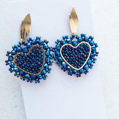 This Pair Of Earrings Is Handmade With Original Czech Crystal And Seed Beads. 24k Gold Plated Components. It Can Be Made In Any Color. Blue Heart Earrings For Party, Blue Heart-shaped Earrings For Party, Handmade Blue Heart-shaped Beaded Earrings, Blue Dangle Heart Earrings For Party, Blue Earrings For Valentine's Day Party, Blue Heart Drop Earrings For Party, Blue Heart-shaped Drop Earrings For Party, Gold Heart Beaded Earrings For Party, Gold Heart Shaped Beaded Earrings For Party