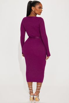 Available In Magenta And Copper. Sweater Midi Dress Deep V-Neck Long Sleeve Tie Waist Stretch 60% Rayon 30% Nylon 10% Metallic Yarn Imported | Klarissa Sweater Midi Dress in Magenta size XS by Fashion Nova Copper Sweater, Magenta Fashion, Sweater Midi Dress, Metallic Yarn, Sweater Dress Midi, Deep V Neck, Fashion Nova, Midi Dress, Copper