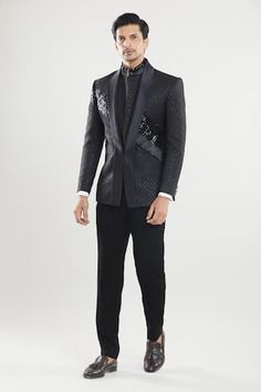 Black tuxedo with sequin embroidery. Paired with waist coat and pant. - Aza Fashions Embroidered Tailored Bandhgala For Festive Occasions, Festive Embroidered Tailored Bandhgala, Designer Embellished Bandhgala For Semi-formal, Designer Embellished Bandhgala For Semi-formal Occasions, Designer Festive Unstitched Suit For Semi-formal Occasions, Black Formal Suits For Eid, Black Festive Suits For Reception, Eid Formal Embellished Bandhgala, Festive Black Suit For Reception