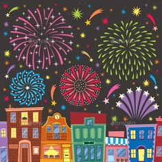 fireworks in the night sky with buildings and firework