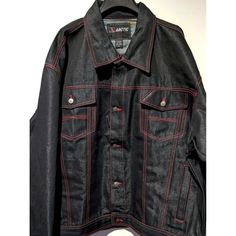 New With Tags, Vintage Y2k Era Black Denim Jacket By Arctic/Serial Jean. This Is Deadstock Inventory From A Store That Closed In The Early 2000s. It Has A Black Glanz-Like Shiny Finish With Contrasting Red Stitching. "Serial Jean" Embroidered On The Front And Back. See The Photos For Other Details. This Denim Jacket Makes A Statement! The Tag Size Is Use The Measurements Provided Below To Determine Fit. Chest 27" Length 29" Sleeve Length 24.5" Take A Look At The Photos And Feel Free To Message M Y2k Era, Black Denim Jacket, Early 2000s, Red Jacket, Black Denim, Vintage Men, Vintage Y2k, Black Jeans, Mens Jackets