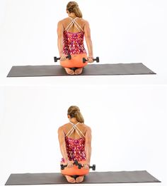 a woman sitting on top of a yoga mat with two different positions to do the splits