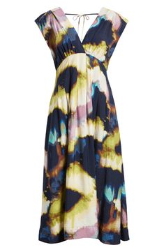 A delightful print makes a splash on a swingy midi dress that's ready to make a sunny style statement. Ties at back V-neck Cap sleeves Lined 85% rayon, 15% nylon Machine wash, line dry Imported Vibrant Print A-line Beach Dress, Summer A-line Printed Midi Dress, Abstract Print Midi Dresses For Day Out, Flowy V-neck Dress With Abstract Print, Abstract Print Maxi Dress For Spring And Summer, Abstract Print Maxi Dress For Spring/summer, Summer Maxi Dress With Abstract Print For Spring, Spring Maxi Dress With Abstract Print, Spring Midi Dress With Abstract Print For Day Out