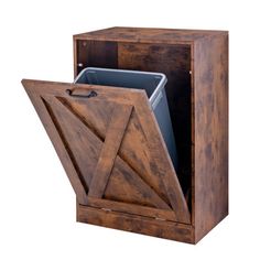 a wooden cabinet with an open door and metal trash can in the bottom compartment,