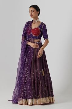 Deep purple tissue chanderi lehenga with all over gullista bloom aari-zardozi embroidered highlights. Paired with a half sleeves embroidered purple-pink choli cut blouse and bloom pattern mukaish organza dupatta. - Aza Fashions Cotton Silk Gota Work Wedding Dress, Cotton Silk Gota Work Dress For Wedding, Cotton Silk Sets With Gota Work For Reception, Cotton Silk Wedding Dresses With Gota Work, Cotton Silk Lehenga With Dupatta For Reception, Cotton Silk Lehenga For Diwali Reception, Cotton Silk Lehenga For Reception And Diwali, Wedding Cotton Silk Choli With Dupatta, Semi-stitched Cotton Silk Choli For Reception