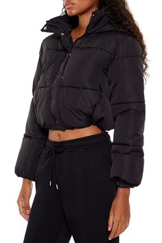 Woven puffer jacket featuring quilted channel - stitched construction, hood, funnel neck, concealed zip - up and snap button - front closures, slanted front pockets, long sleeves, and toggle drawstring cropped hem. | 100% polyester | Hand wash cold | Model is 5'11" and wearing Small | Hooded Cropped Puffer Jacket Winter Nylon Cropped Jacket With Long Sleeves, Trendy Winter Outerwear With Drawstring, Cropped Winter Outerwear With Button Closure, Fall Long Sleeve Puffer Jacket With Drawstring Hood, Cropped Quilted Outerwear For Fall, Winter Quilted Jacket With Drawstring Hood And Long Sleeves, Quilted Jacket With Drawstring Hood For Fall, Quilted Long Sleeve Jacket With Drawstring Hood For Fall, Winter Quilted Jacket With Drawstring Hood