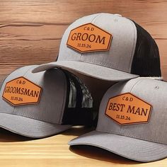 Check out the bulk pricing discount codes for orders of 6 or more hats! Custom Groom leather patch trucker hat. All patches are engraved on 100% veg-tanned leather. Once engraved, your custom leather patch is cut, dyed and sealed before pressing it onto your hat. These hats are great for your groom, groomsmen and best man. Best Man Cap, Groom Hat, Groomsmen Hats, Bridal Party Hats, Personalized Caps for Wedding Party, Personalized Hat for Groom, Baseball Hat for Groomsman, Black Wedding Hats, Tr Groomsmen Hats, Groom Hat, Bridal Party Hats, Personalized Hat, Personalized Hats, Groom Groomsmen, Camo Hats, Man Hat, Wedding Hats