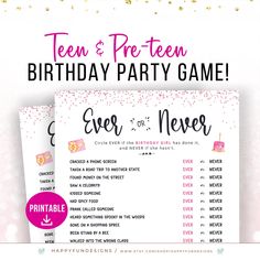 a birthday party game with pink and gold confetti on the side, text reads teen & preteen birthday party game