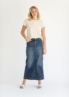 Who doesn't love pretty contrasting stitching!? The Bria Long Denim Maxi Skirt is an Inherit design you're going to love. It has a vintage wash with contrasting stitching along the waist, pockets and a triple stitched bottom hem. The straight fit is so flattering + versatile going from desk-to-dinner while remaining comfortable and covered with it's maxi length! It is made from a cotton blend with stretch that accommodates for different body types and includes plus sizes! No details were missed Glamorous Fashion, Contrasting Stitching, Denim Maxi, Denim Maxi Skirt, Style Ideas, Long Skirt, Body Types, Love It, Maxi Skirt