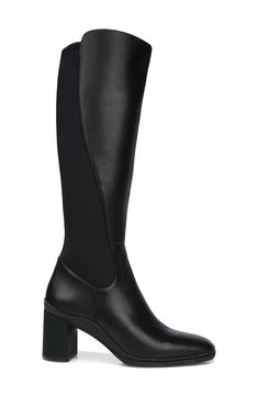 Stretchy contrast fabric on the calf and a square toe highlight this waterproof boot set on a block heel and contoured footbed with cushioned support. Style Name:Naturalizer Axel Waterproof Knee High Boot (Women). Style Number: 6105224. Knee-high Boots With Reinforced Heel And Square Toe, Synthetic Boots With Reinforced Block Heel, Tall Leather Heeled Boots With Reinforced Heel, Fitted Synthetic Heeled Boots For Work, Fitted Synthetic Boots With Block Heel, Tall Medium Width Boots For Work, Tall Medium Width Work Boots, Synthetic Wide Calf Heeled Boots With Almond Toe, Wide Calf Synthetic Heeled Boots With Almond Toe