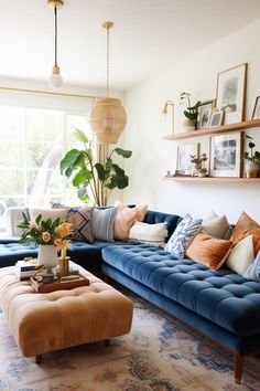 a living room filled with lots of furniture and plants on top of the couches