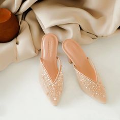 "embroidery mules peach (Arumi series) Please include your foot size based on the measurement guide that we have included, You can also choose the type height of heels that you want. (CM is foot length from heel to toe using centimeters) if you are not sure with ur size, you can measure your foot size from heel to toe in exact number in CM, so we can help you decide the number. or, contact the seller if you have any question. NOTE FOR BUYER - If the order is received, the order cannot be cancele Embroidery Mules, Simple Lace, Bridal Sandals, Heels Classy, Bling Shoes, Lace Heels, Girly Shoes, Peach Flowers, Wedding Sandals