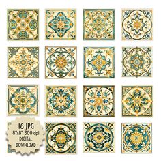 ✳️ Download now a collection of 16 Vintage Spanish-Style floral, green, beige and yellow geometric tiles. ✳️ Explore more tiles from this collection here: ➡️ https://www.etsy.com/es/shop/AngelicaBarttiPrints?ref=seller-platform-mcnav&section_id=48526537 ✳️ See the rest of our store here: ➡️ https://angelicabarttiprints.etsy.com ✳️ You can conveniently print the files at home or, for higher quality, take them to your local print shop. You can also utilize online digital printing services that off Bathroom Mosaic, Decorative Wallpaper, Wallpaper Kitchen, Digital Printing Services, Mosaic Bathroom, Online Digital, Geometric Tiles, Artistic Images, Green Beige