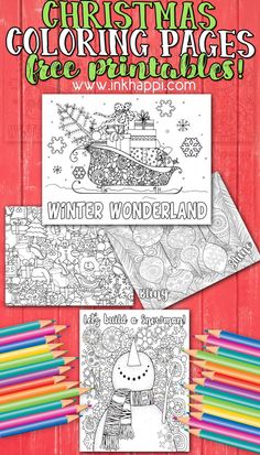 christmas coloring pages for kids and adults with the text winter wonderland on it, surrounded by colored pencils