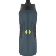 the under armour water bottle is grey and has yellow underarming on it's side